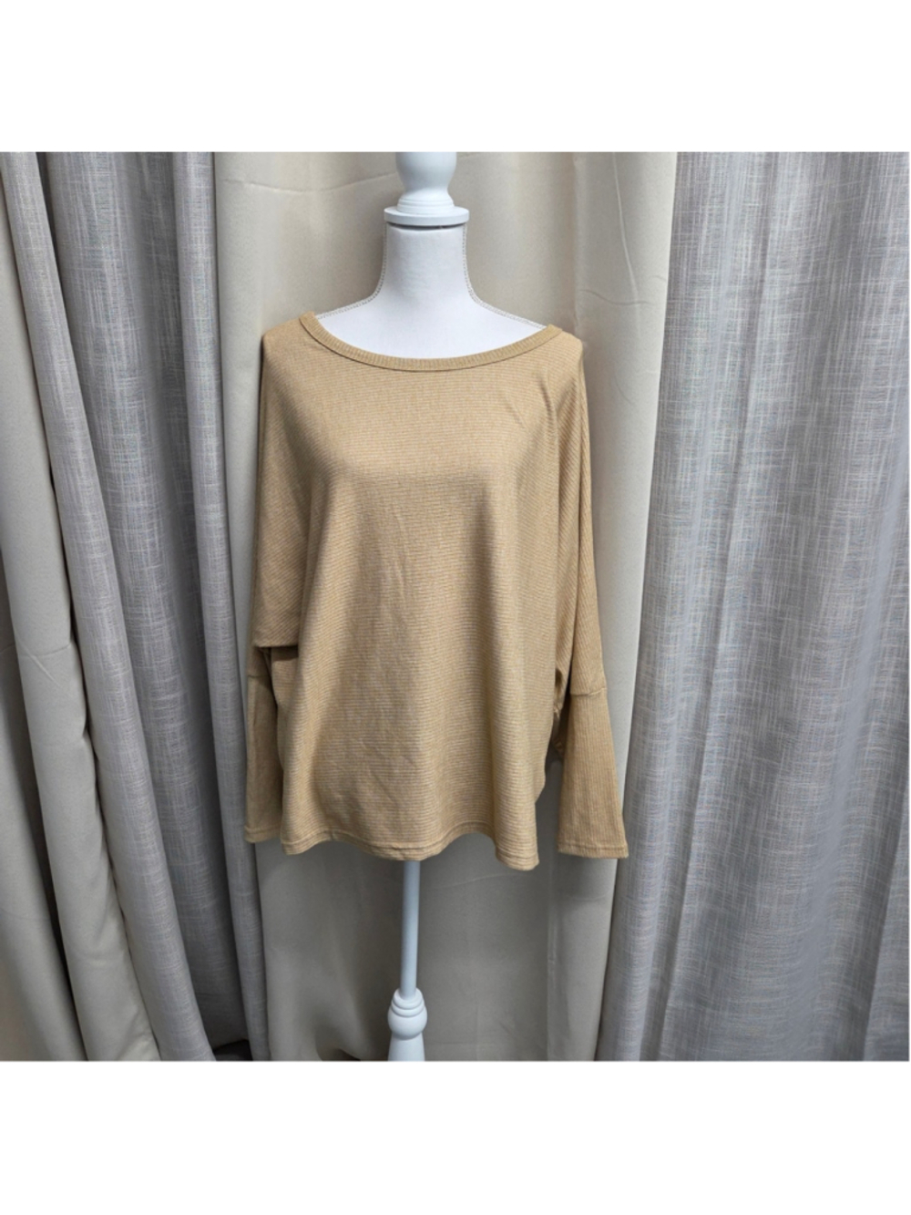 PRETTYGARDEN Oversized Ribbed Knit Drop Shoulder Bateau Top Cashew Beige L